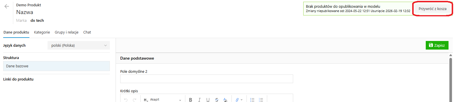 Przywracanie produktów - opcja przywróć z kosza