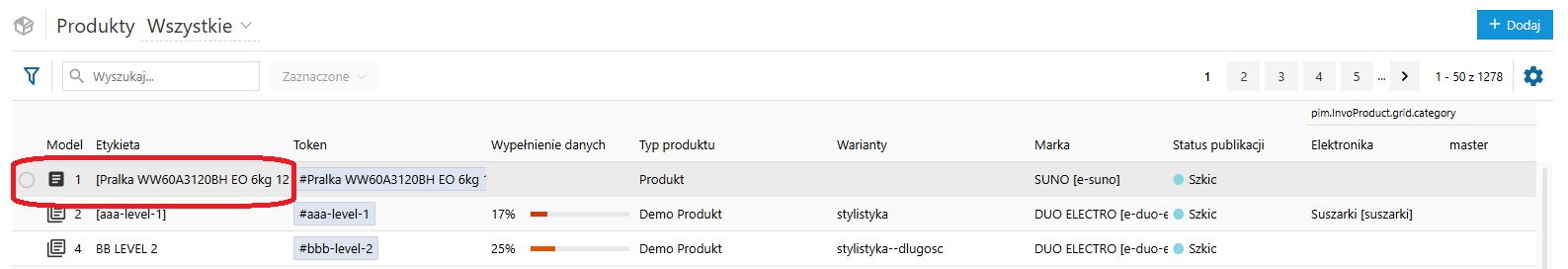 Dodawanie pojedynczego produktu w PIM - lista produktów