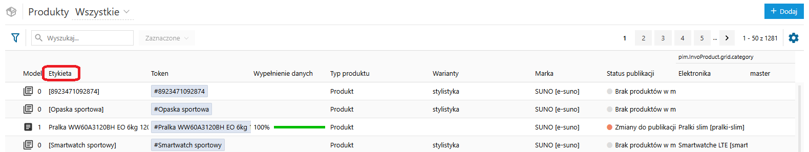 Produkty w PIM - etykieta