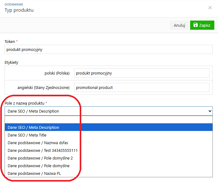 Typy produktów - opcje obowiązkowe