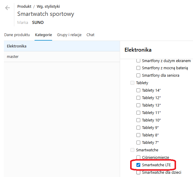 Dodawanie produktów z wariantami - wybór kategorii