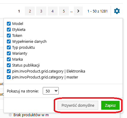 Produkty w PIM - przywracanie ustawień domyślnych