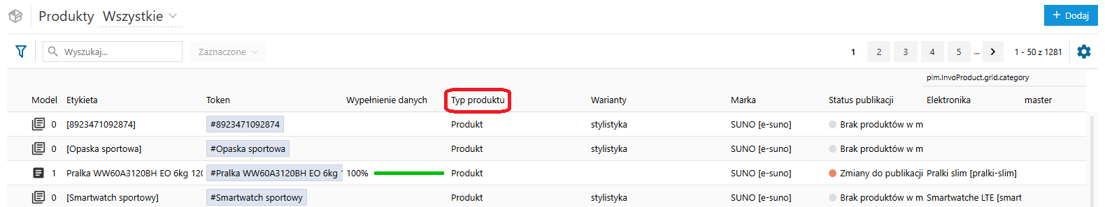 Produkty w PIM - typ produktu