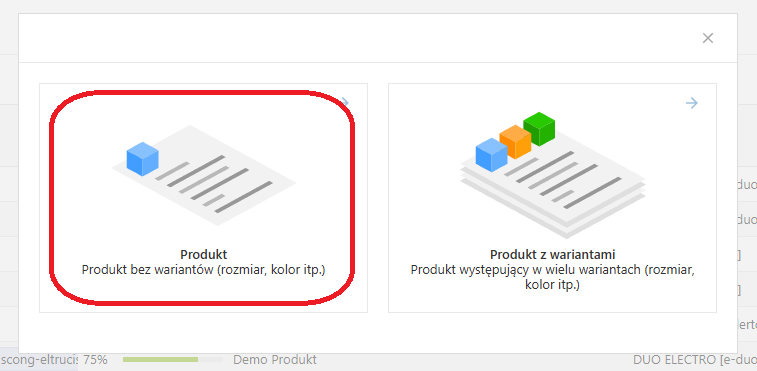 Dodawanie pojedynczego produktu - wybór Produktu bez wariantów