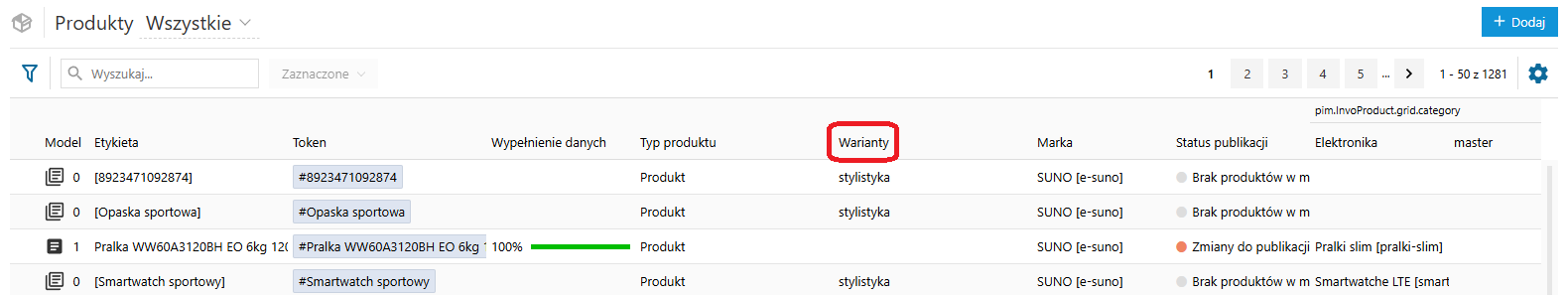 Produkty w PIM - warianty