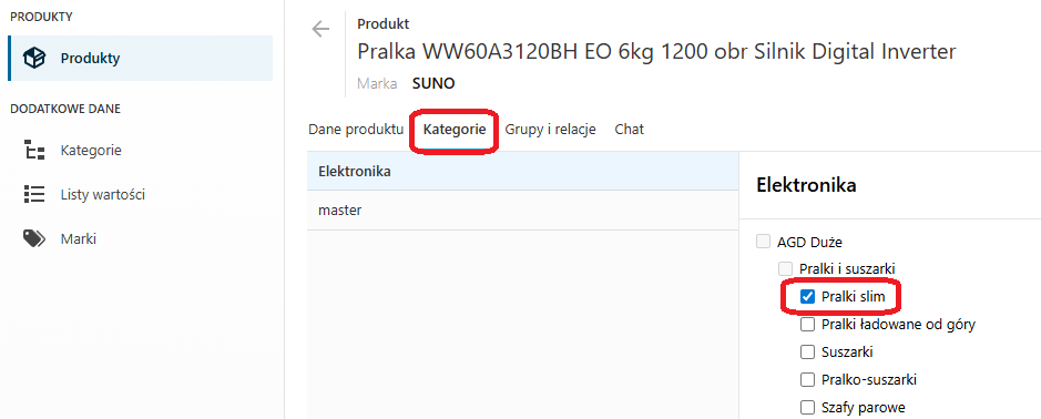 Dodawanie pojedynczego produktu w PIM - wybór kategorii