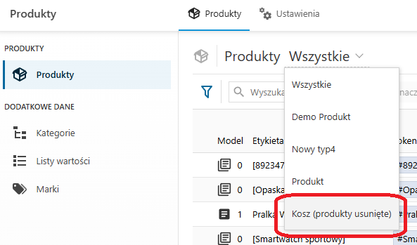 Przywracanie produktu - wybór Kosza