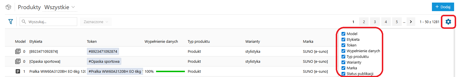 Produkty w PIM - wyświetlane opcje