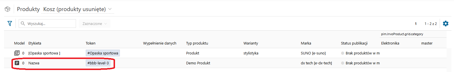 Przywracanie produktów - wybór produktu z listy