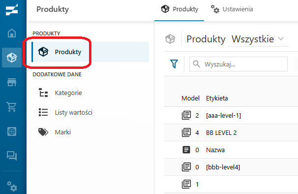 Wybór opcji Produkty z panelu PIM